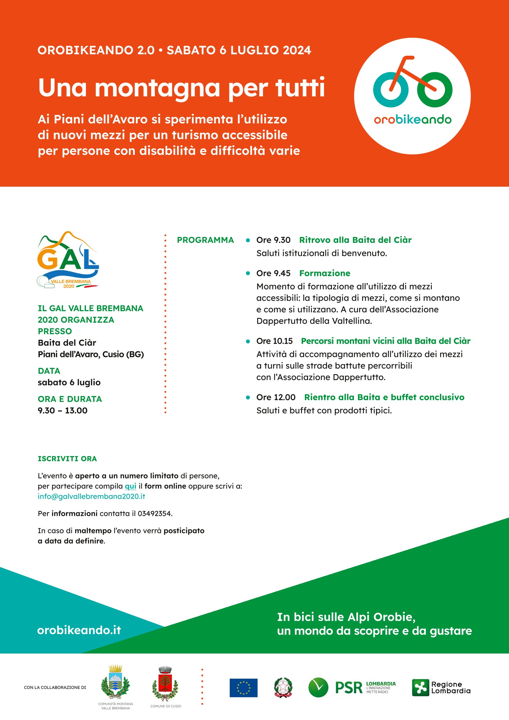 Immagine Orobikeando 2.0 - sperimentazione dell’utilizzo di nuovi mezzi per un turismo accessibile, dedicato alle persone con disabilità e difficoltà varie - EVENTO POSTICIPATO AL 9 AGOSTO