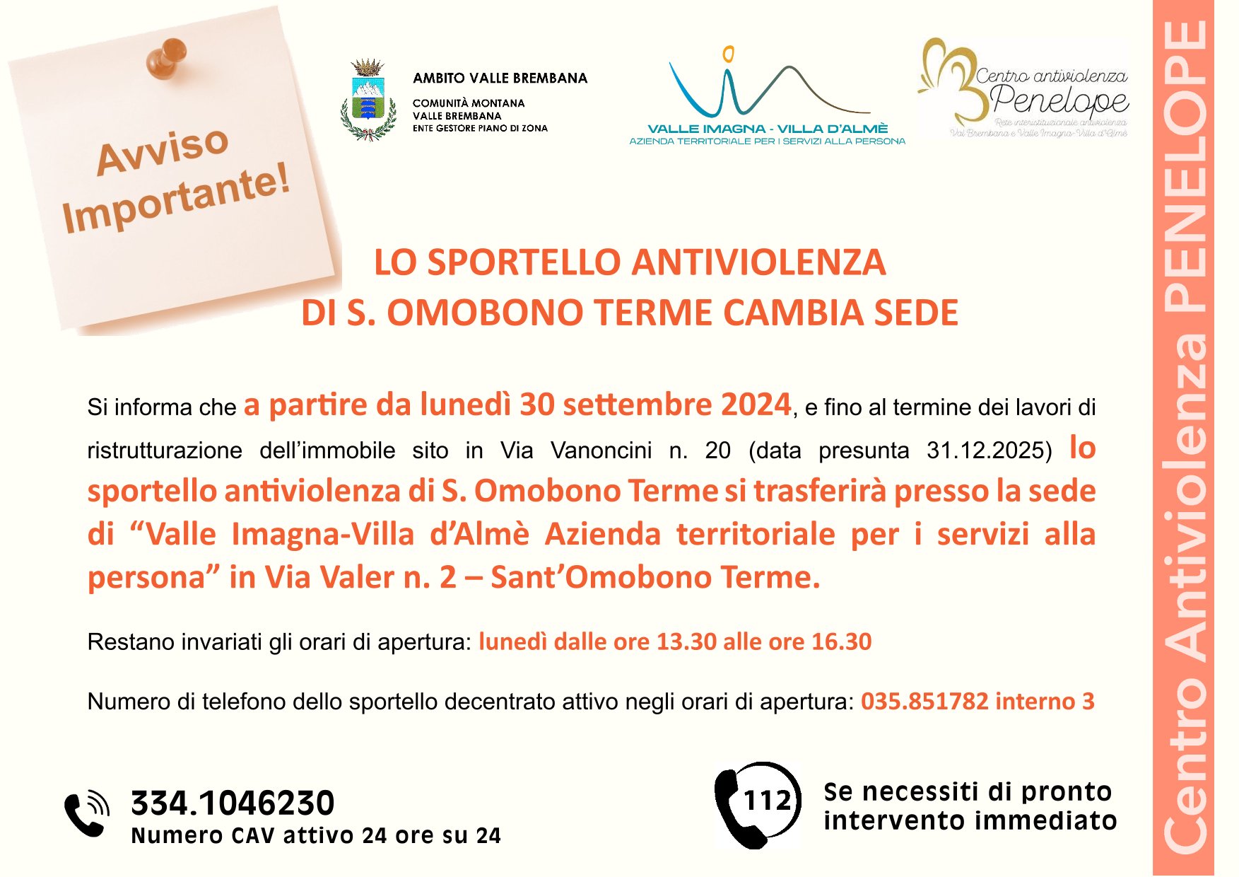 Immagine CAMBIO SEDE DELLO SPORTELLO ANTIVIOLENZA DI S. OMOBONO TERME 