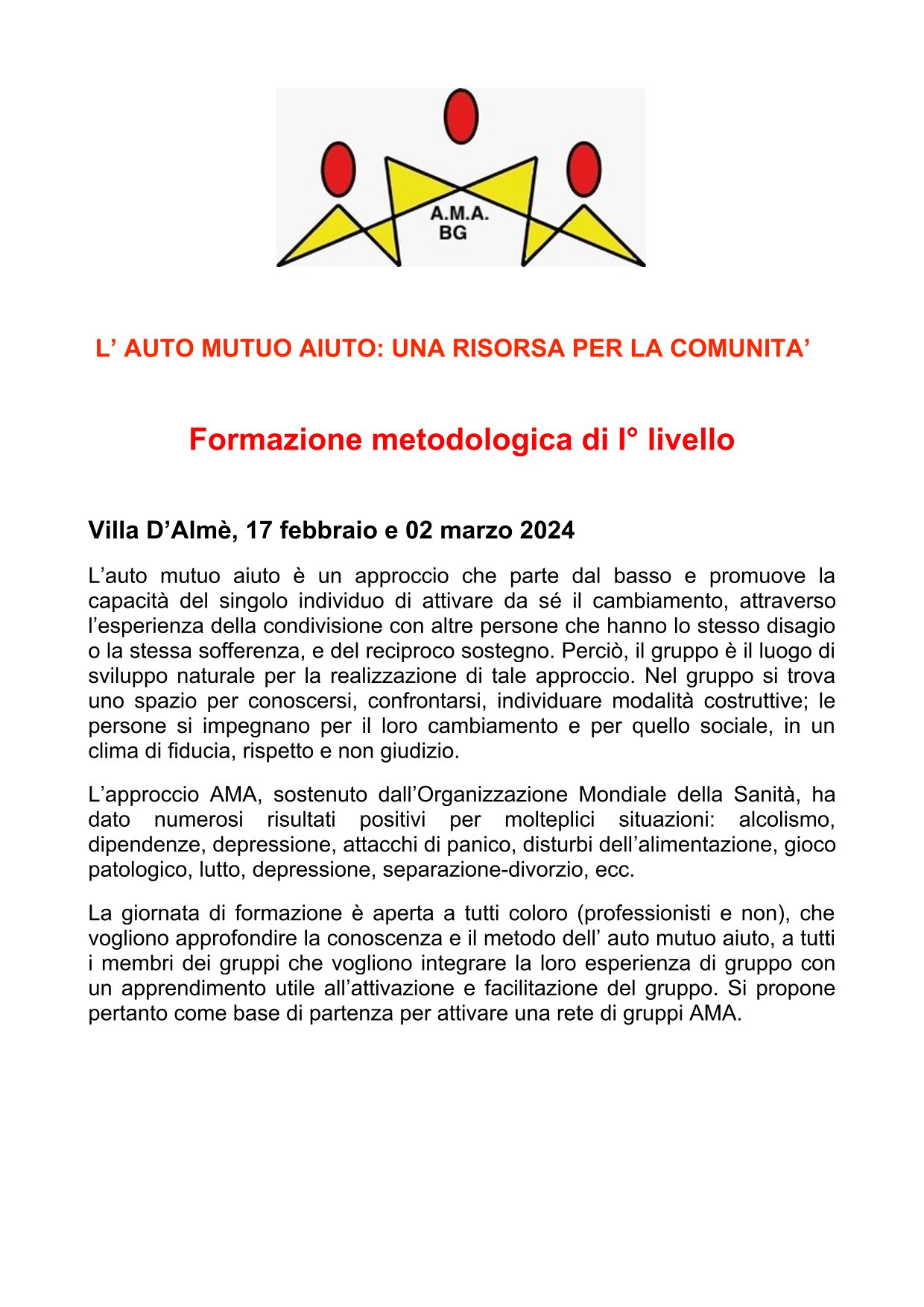 Immagine L’ AUTO MUTUO AIUTO: UNA RISORSA PER LA COMUNITA’ - Formazione metodologica di I° livello