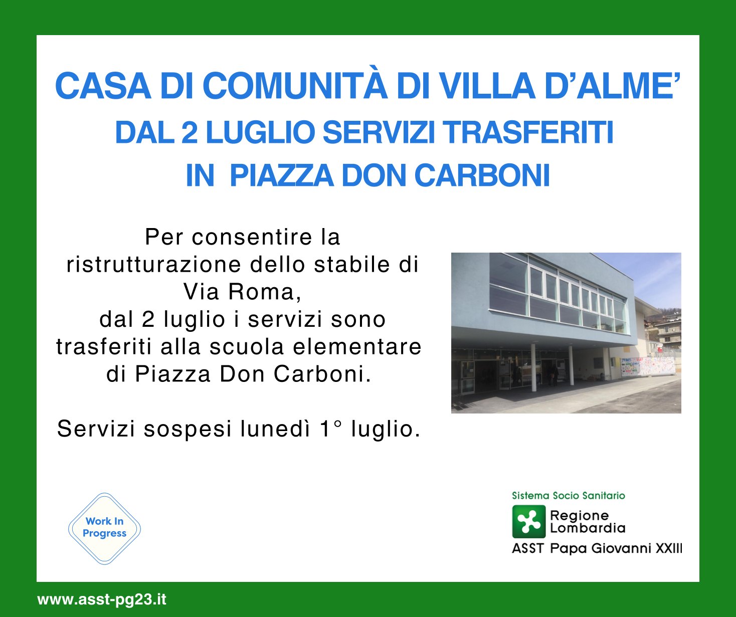Immagine Trasferimento Casa di Comunità di Villa d'Almè per lavori di ristrutturazione